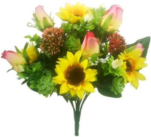 Zijdeboeket 38 cm - Zonnebloem, Rozenknop en Succulent - Pink, Yellow, Green Boeket