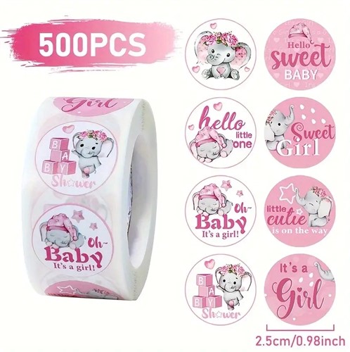 500 Stickers "Baby Girl" - Olifantje op Rol (Sluitstickers & Labels) rol sluit etiketten